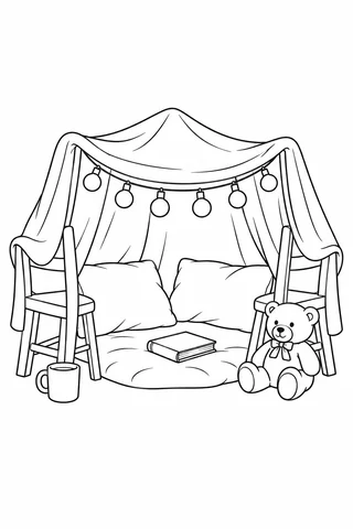 Blanket fort over two chairs with cushions, string lights, a book, mug and teddy bear.