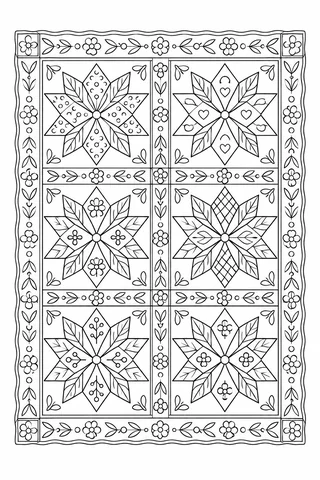 Black outline quilt pattern with six botanical star blocks and narrow floral borders.