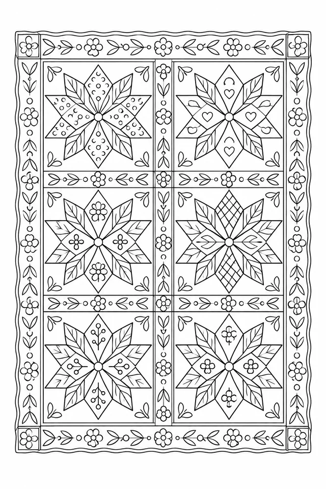 Black outline quilt pattern with six botanical star blocks and narrow floral borders.
