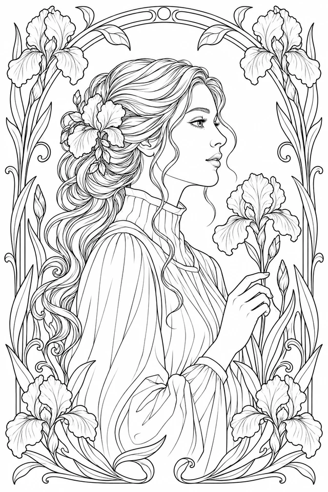 A woman in profile with flowing hair and a high-collared garment holds an iris inside an arched border of leaves and iris flowers.