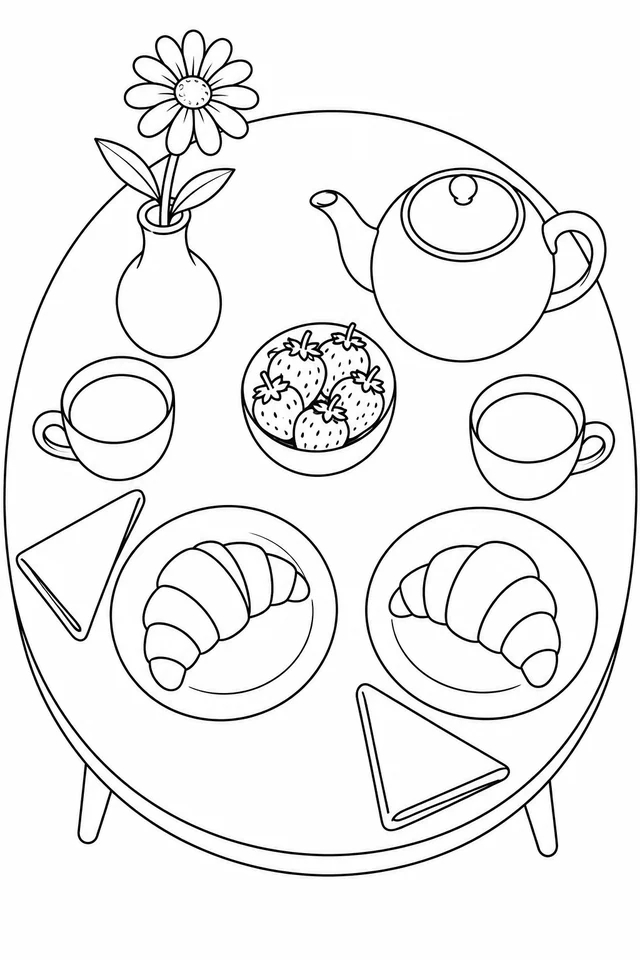 Line drawing of two croissant plates, a teapot, two cups, strawberries and a flower on an oval table.