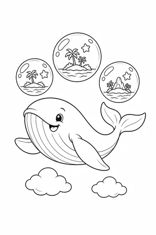 Smiling flying whale under three bubbles containing islands and stars, with two clouds below.