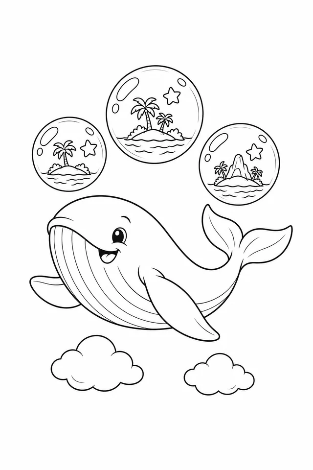 Smiling flying whale under three bubbles containing islands and stars, with two clouds below.