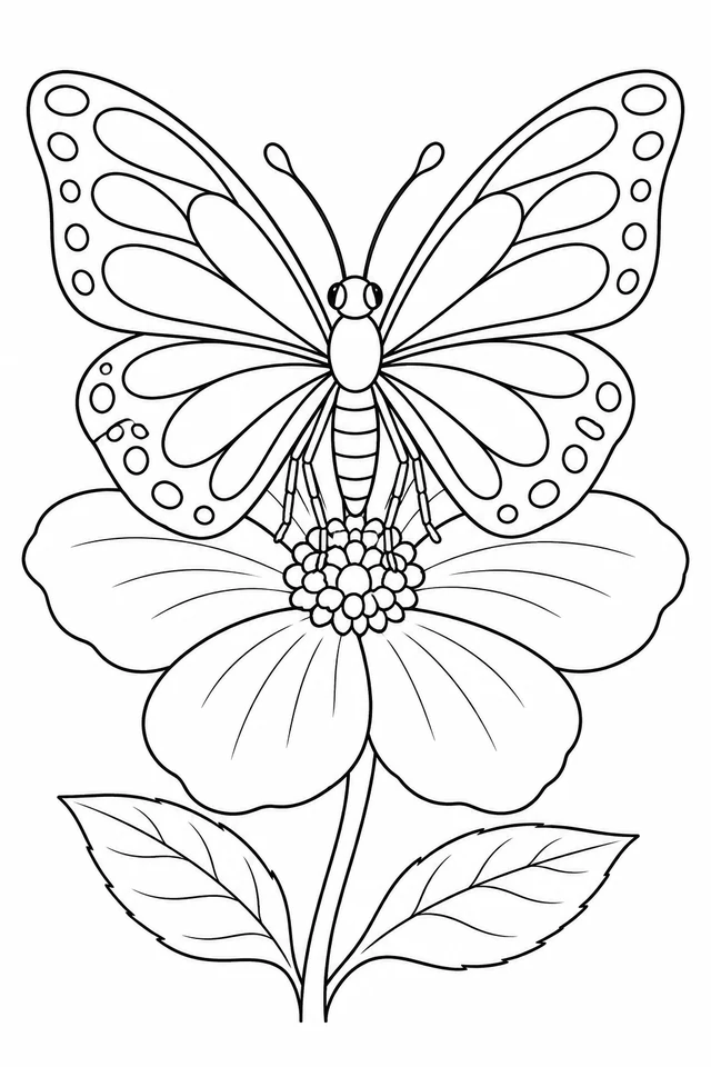 A butterfly with four patterned wings rests above a large flower, with two veined leaves below.