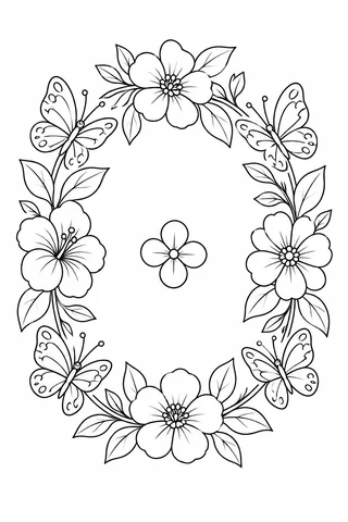Black outline oval border of four butterflies, four large flowers and leaves around one small central flower.