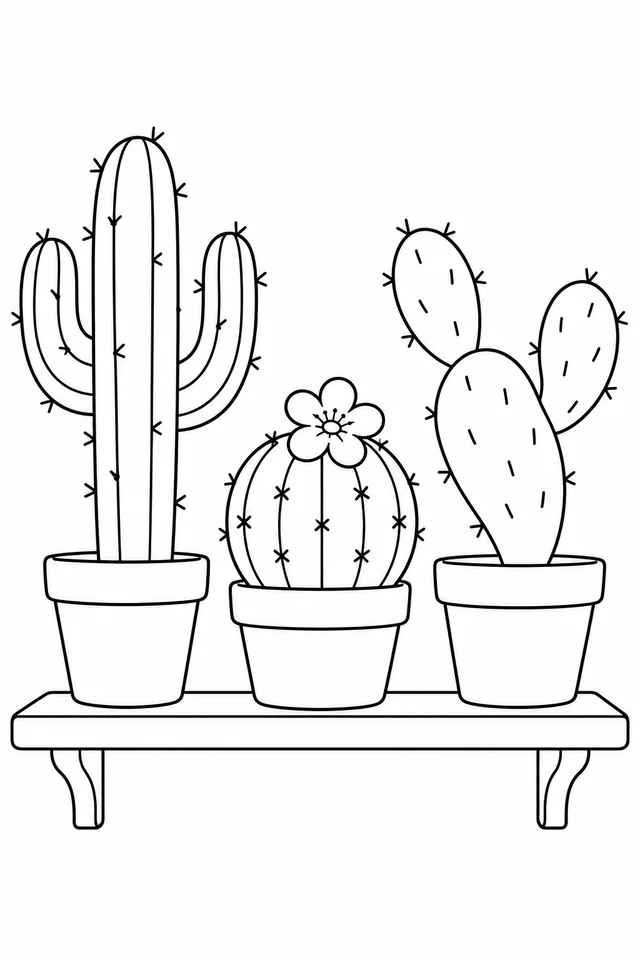 Three different cacti in plain pots sit on a shelf; the round middle cactus has a flower on top.