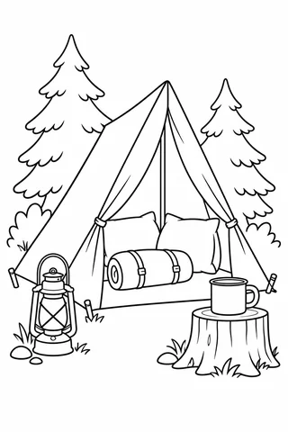 Open tent with pillows and a sleeping bag beside a lantern and a mug on a tree stump.