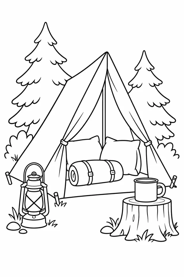 Open tent with pillows and a sleeping bag beside a lantern and a mug on a tree stump.