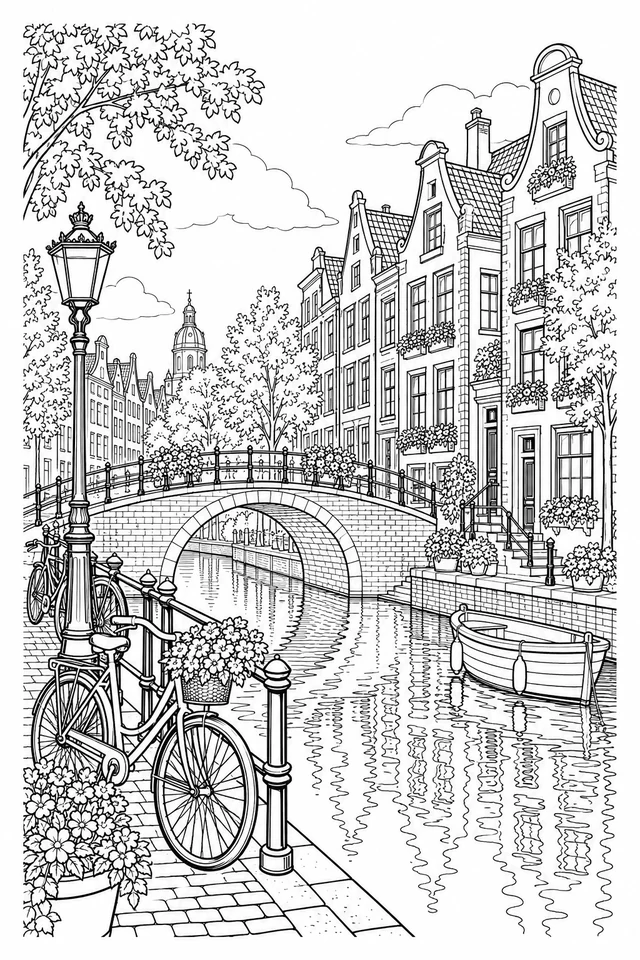 Gabled canal houses and flower boxes stand behind an arched footbridge, with bicycles, a moored boat and water reflections.
