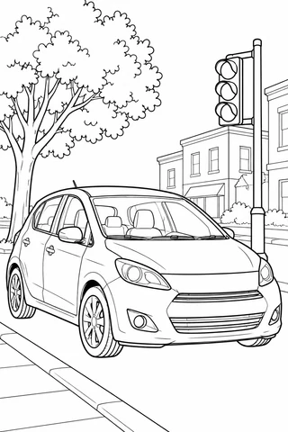 An unbranded compact hatchback sits beside a curb, street tree and traffic signal in a three-quarter view.