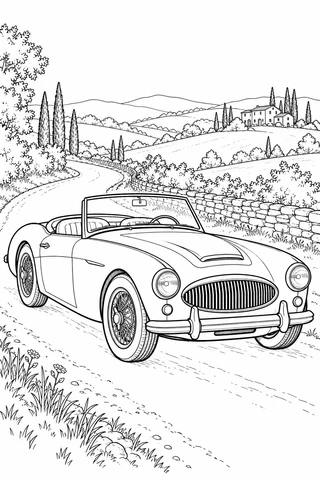An empty classic-inspired convertible follows a country road past hedges, rolling hills and a farmhouse.