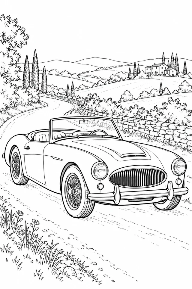 An empty classic-inspired convertible follows a country road past hedges, rolling hills and a farmhouse.