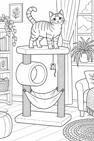 Tabby cat standing atop a two-post cat tree with a round tunnel, hanging hammock and toy mouse in a furnished room.