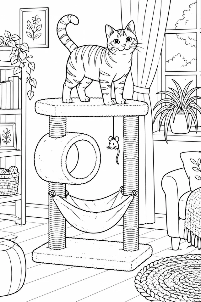 Tabby cat standing atop a two-post cat tree with a round tunnel, hanging hammock and toy mouse in a furnished room.