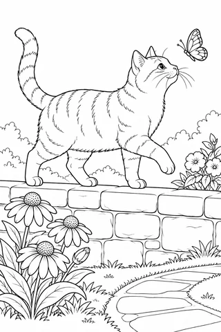 Whole tabby cat walking along a stone wall toward a butterfly, with flowers and a curved path below.