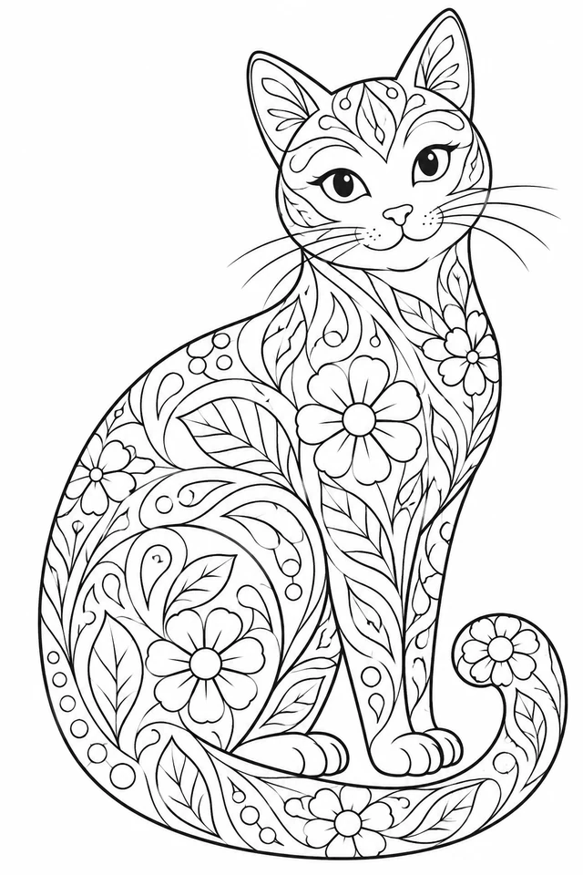 Seated cat with an outlined floral and leaf pattern across its body and curled tail, with a clear face and pointed ears.