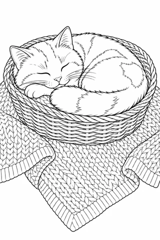 Sleeping cat curled in a woven basket on a knitted blanket with folded ribbed edges.