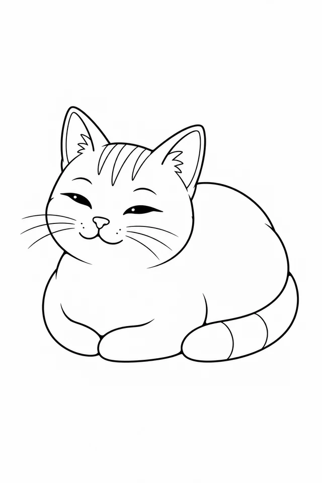 A full cat resting in a tucked-paw loaf pose, with half-closed eyes, broad forehead stripes and a tail wrapped beside its body.