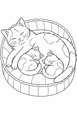Adult cat resting around two sleeping kittens in a striped oval bed with a scalloped edge.
