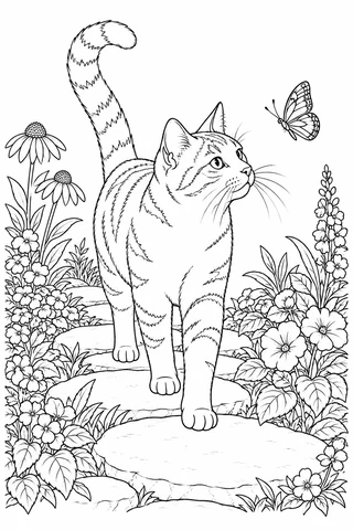A walking tabby cat with raised tail looks at a butterfly along a path of broad stepping stones bordered by flowers and leaves.