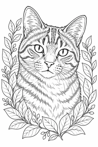 An alert tabby cat head and chest with almond eyes, whiskers and fine fur marks appears in a leafy botanical frame.