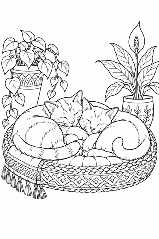 Two cats with closed eyes and curled tails sleep beside each other on an oval patterned cushion between two potted plants.
