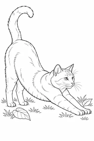 A full-body adult cat stretches forward with four visible legs, hindquarters raised, curved tail and sparse garden grass.