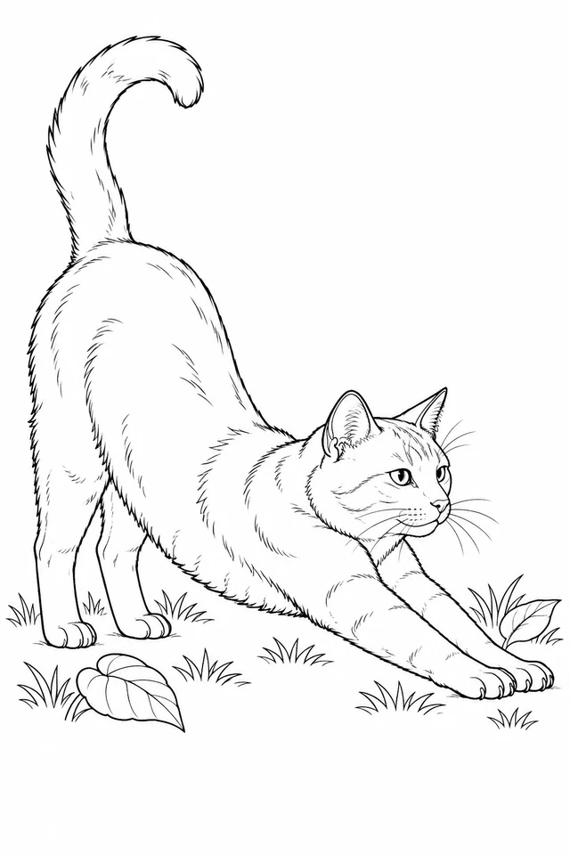 A full-body adult cat stretches forward with four visible legs, hindquarters raised, curved tail and sparse garden grass.