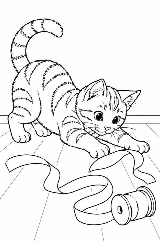 Whole tabby kitten crouching with front paws extended toward a ribbon and spool on a floor.