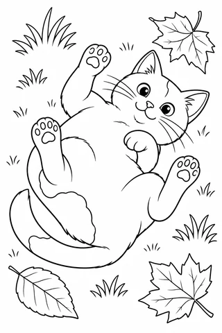 Cat rolling belly-up with four raised paws, a curling tail and large fur patches, surrounded by three fallen leaves and grass.