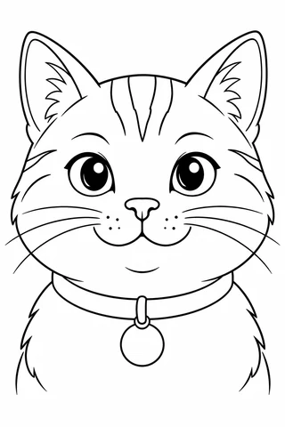 Front-facing cat head and chest with tabby forehead stripes, whiskers, a collar and a round tag.