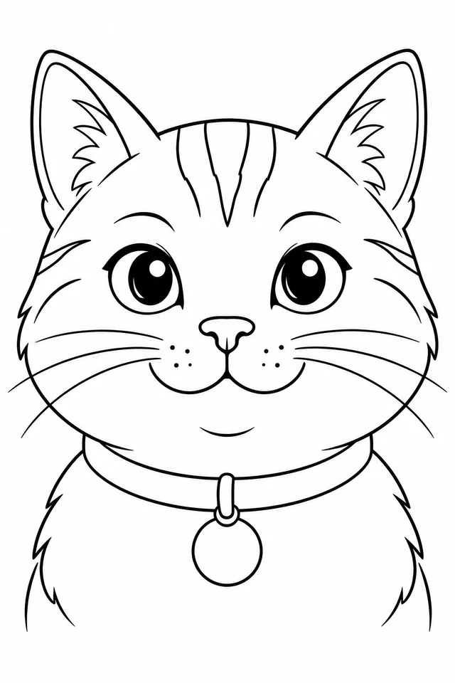 Front-facing cat head and chest with tabby forehead stripes, whiskers, a collar and a round tag.