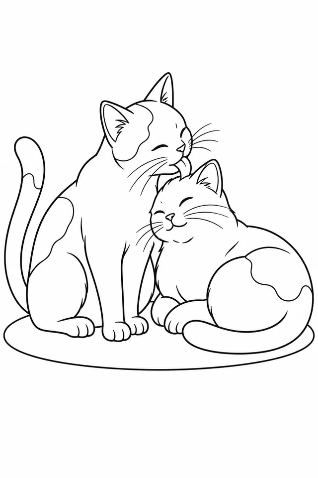 Two cats on an oval rug, one sitting upright and licking the forehead of the other curled cat, with broad outlined fur patches.