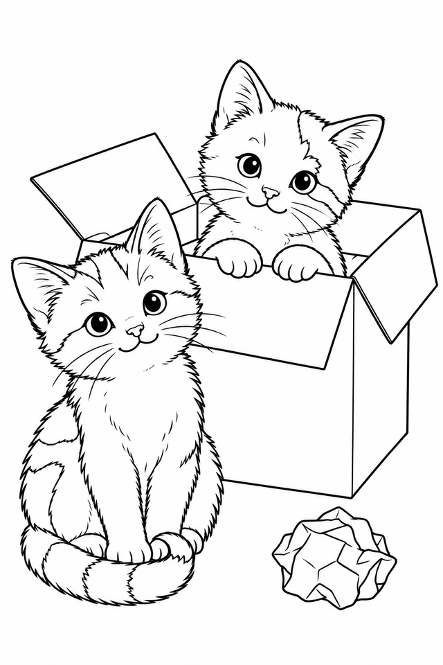 Two kittens with outlined fur patches, one seated outside an open box and one peeking over its rim, with a paper ball nearby.