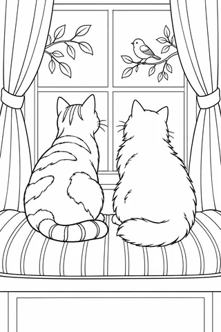 Two cats seen from behind on a striped window cushion, watching a bird on a branch beyond the panes.