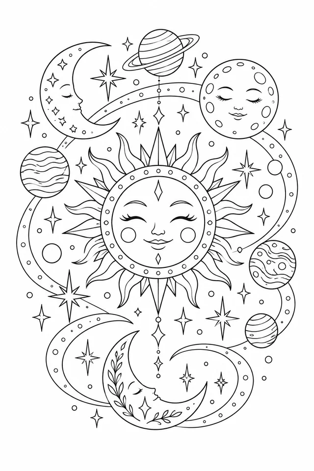 Black outline decorative celestial pattern with a smiling sun, three moons, planets, stars and curving orbit bands.