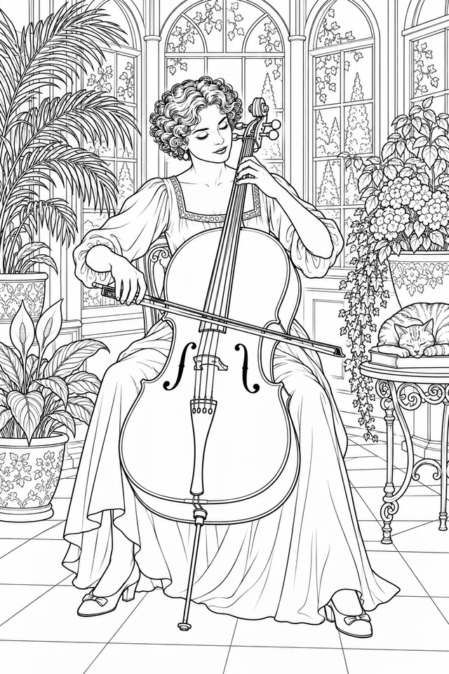 A seated woman with short curly hair plays a cello with a bow among potted plants and arched conservatory windows, with a sleeping cat nearby.