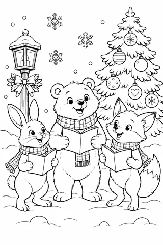 Rabbit, bear and fox in scarves holding songbooks beside a lantern and Christmas tree with six ornaments.