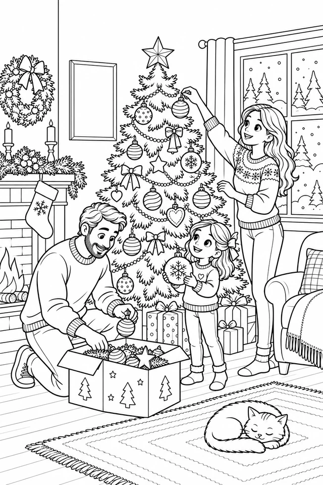 Family of two adults and a child decorating a Christmas tree beside an open ornament box, fireplace and sleeping cat.