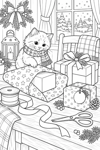 Kitten at a Christmas wrapping table with three gift boxes, star-patterned paper, ribbon spool, scissors, lantern and a snowy window.