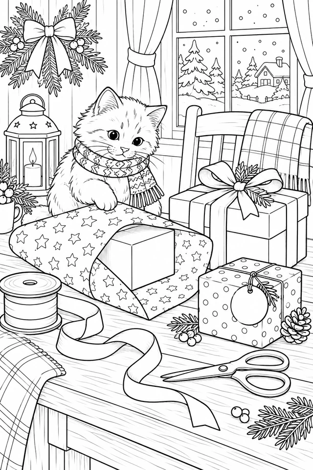 Kitten at a Christmas wrapping table with three gift boxes, star-patterned paper, ribbon spool, scissors, lantern and a snowy window.