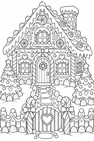 A gingerbread house with icing contours, peppermint circles, candy-cane pillars, a gumdrop path and decorated fir trees stands behind a small gate.