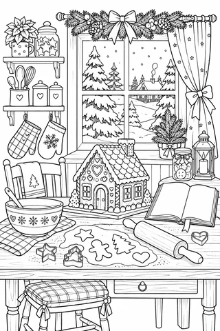 Christmas baking table with a gingerbread house, dough shapes, cutters, rolling pin, bowl and recipe book before a snowy window.