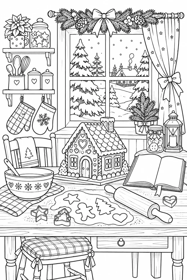 Christmas baking table with a gingerbread house, dough shapes, cutters, rolling pin, bowl and recipe book before a snowy window.