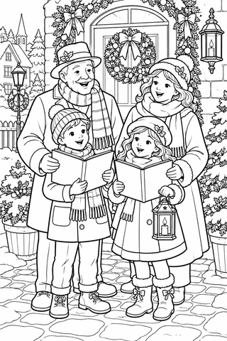 Four Christmas carolers of different ages hold two open books and a lantern in front of a doorway decorated with wreaths and garlands.