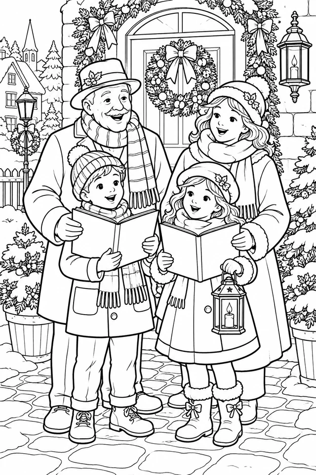 Four Christmas carolers of different ages hold two open books and a lantern in front of a doorway decorated with wreaths and garlands.