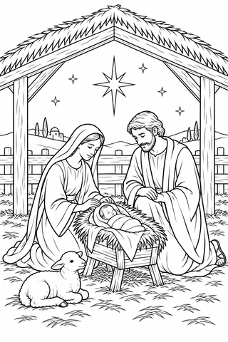 Mary and Joseph kneeling beside a swaddled baby in a straw-filled manger beneath a stable roof, with a sheep and stars.