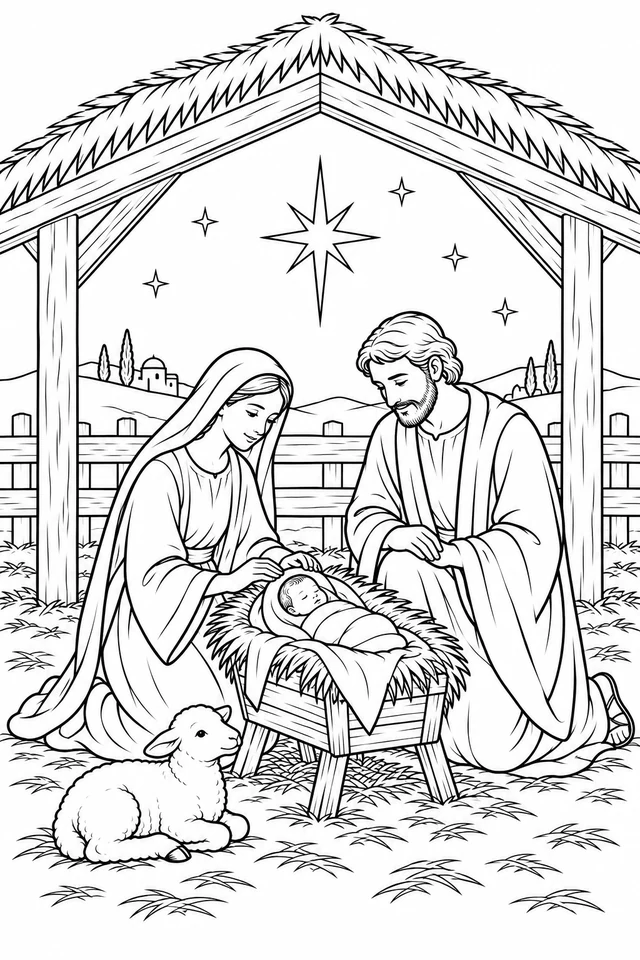 Mary and Joseph kneeling beside a swaddled baby in a straw-filled manger beneath a stable roof, with a sheep and stars.