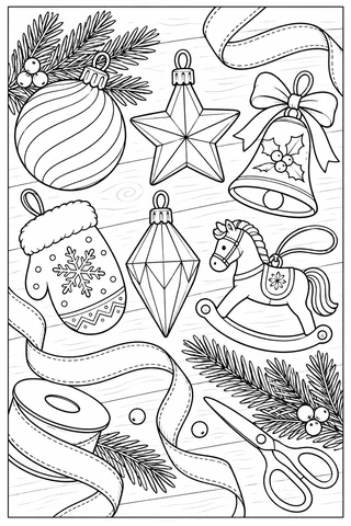Six Christmas ornaments on a wooden table with curling ribbon, pine sprigs, a ribbon spool and scissors.