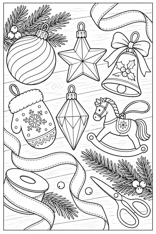 Six Christmas ornaments on a wooden table with curling ribbon, pine sprigs, a ribbon spool and scissors.